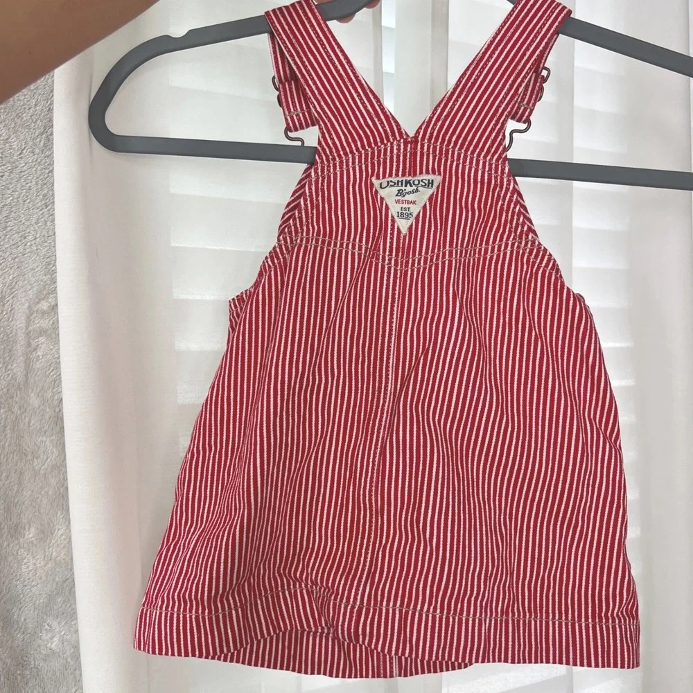 OshKosh B'gosh Girl Red White Hickory Stripe Denim Overall Dress 18 Months